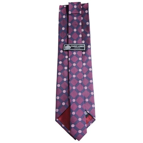 HARDY AMIES LONDON Tie 100% Silk - Eggplant, Navy Blue & Pink Polka Dot - Picture 2 of 4